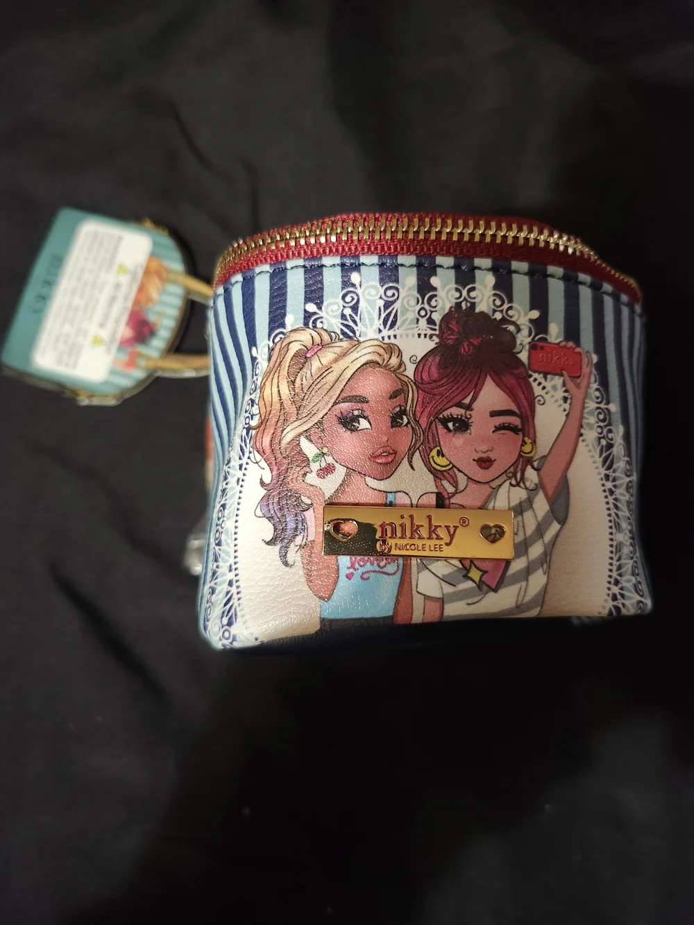 Nicole Lee Blue & White Striped Nikky Coin Purse with Pink Accents
